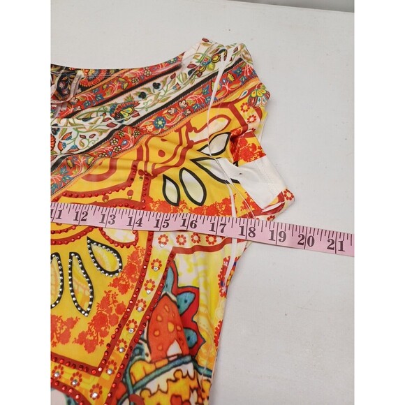 R. Roug Rhinestone Embellished Floral Paisley Top Bright Colorful Sharkbite 2X - Picture 9 of 11